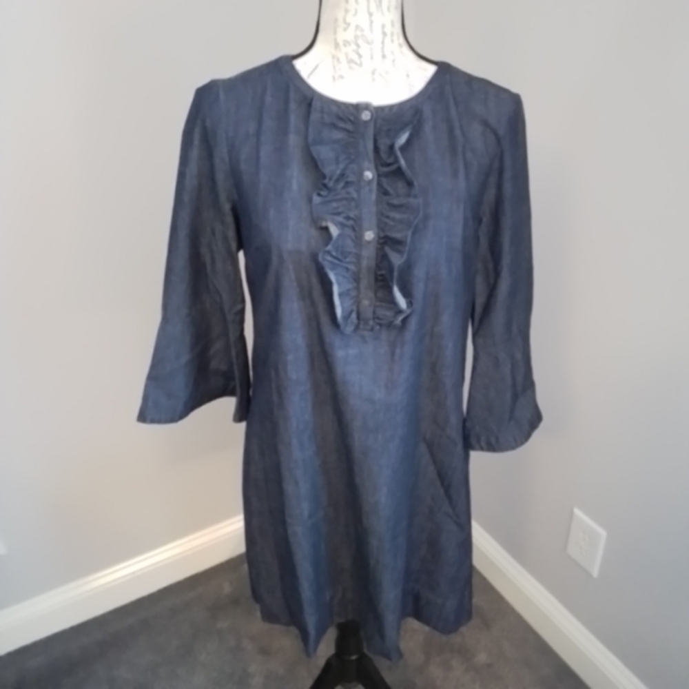 Draper James Dark Wash Chambray Denim Cotton Ruffle Shift Dress - 6 - Picture 7 of 12